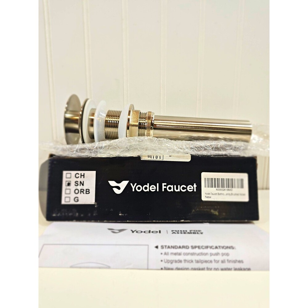 Yodel Faucet Push Pop Assembly Metal Round Brushed Nickel for Bathroom Sink